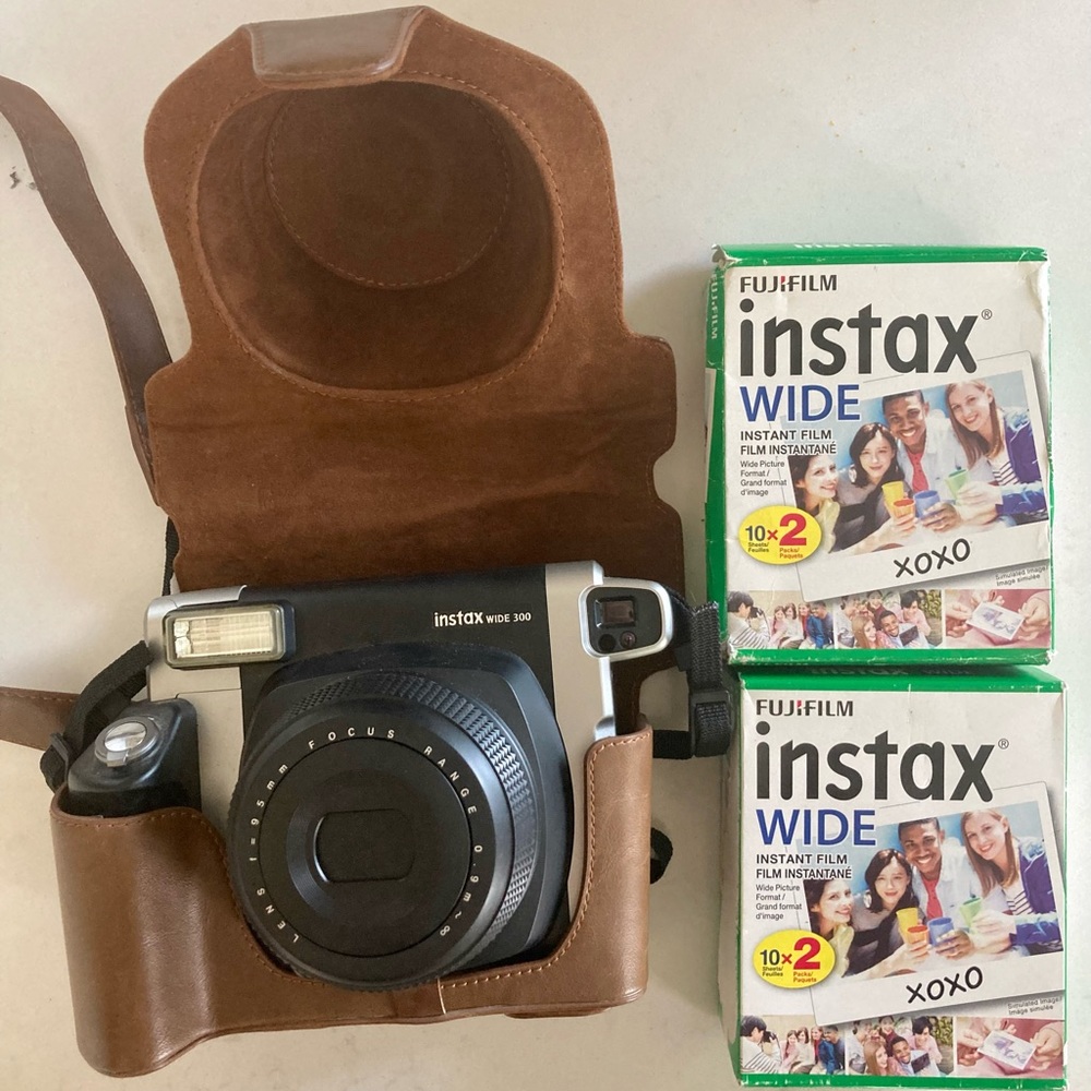 SOLD Fuji Instax Wide 300 Polaroid Camera, x2 instant film, leather case+strap